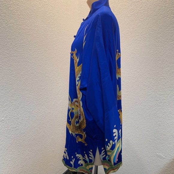 Beautiful blue silk kimono jacket with mandarin collar and golden dragon design - Picture 4 of 12